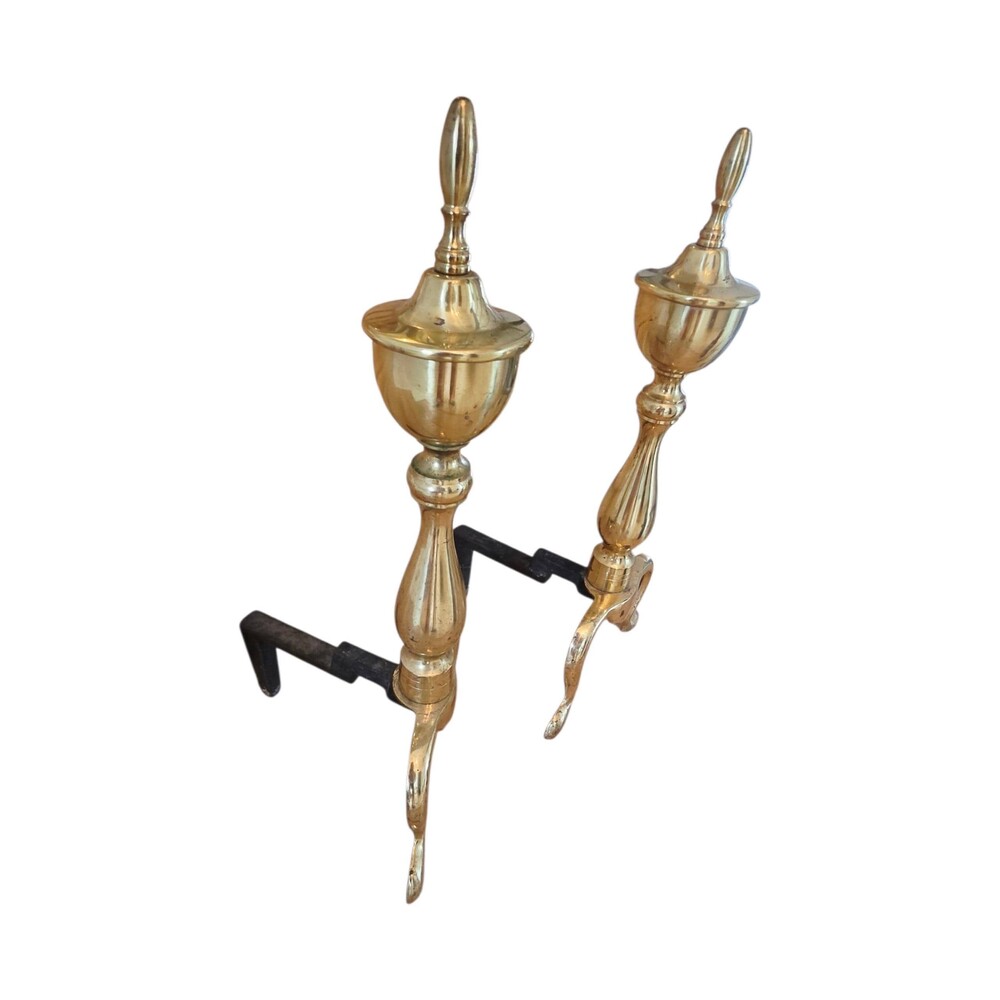 Vintage Brass Urn & Finial Fireplace Andirons - Pair